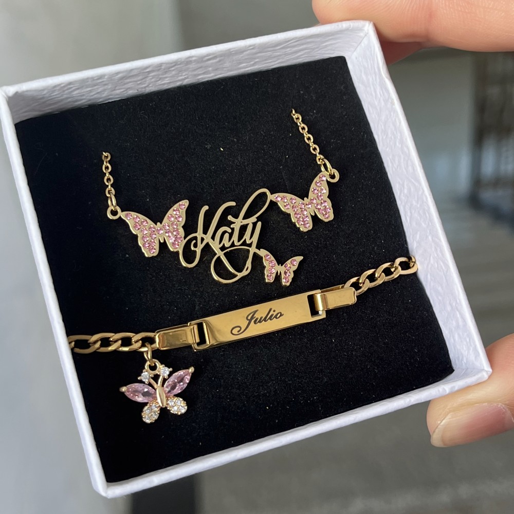 Custom Name Necklace Stainless Steel - DUOYING Custom Pink Butterfly Set Personlized