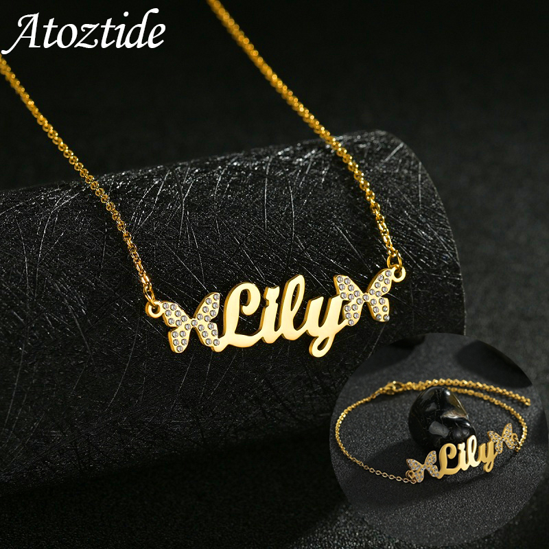 Custom Name Necklace Stainless Steel - Atoztide Customized Jewelry Set Necklaces Zircon