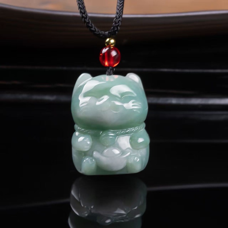 Necklaces - Natural Emerald Jade Lucky Cat Pendant