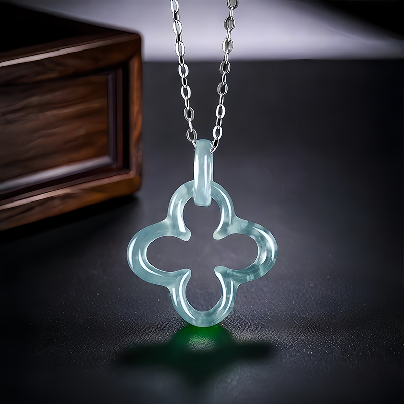 Necklaces - Blue Myanmar Jadeite Four Leaf Clover