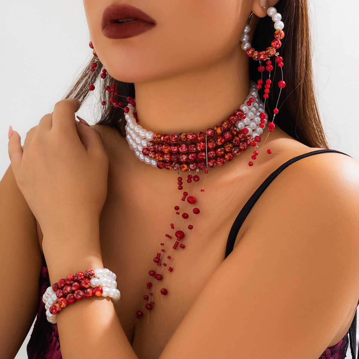 Multilayer Vintage Red Blood P - Pearl Choker Necklace Vintage recension och pris