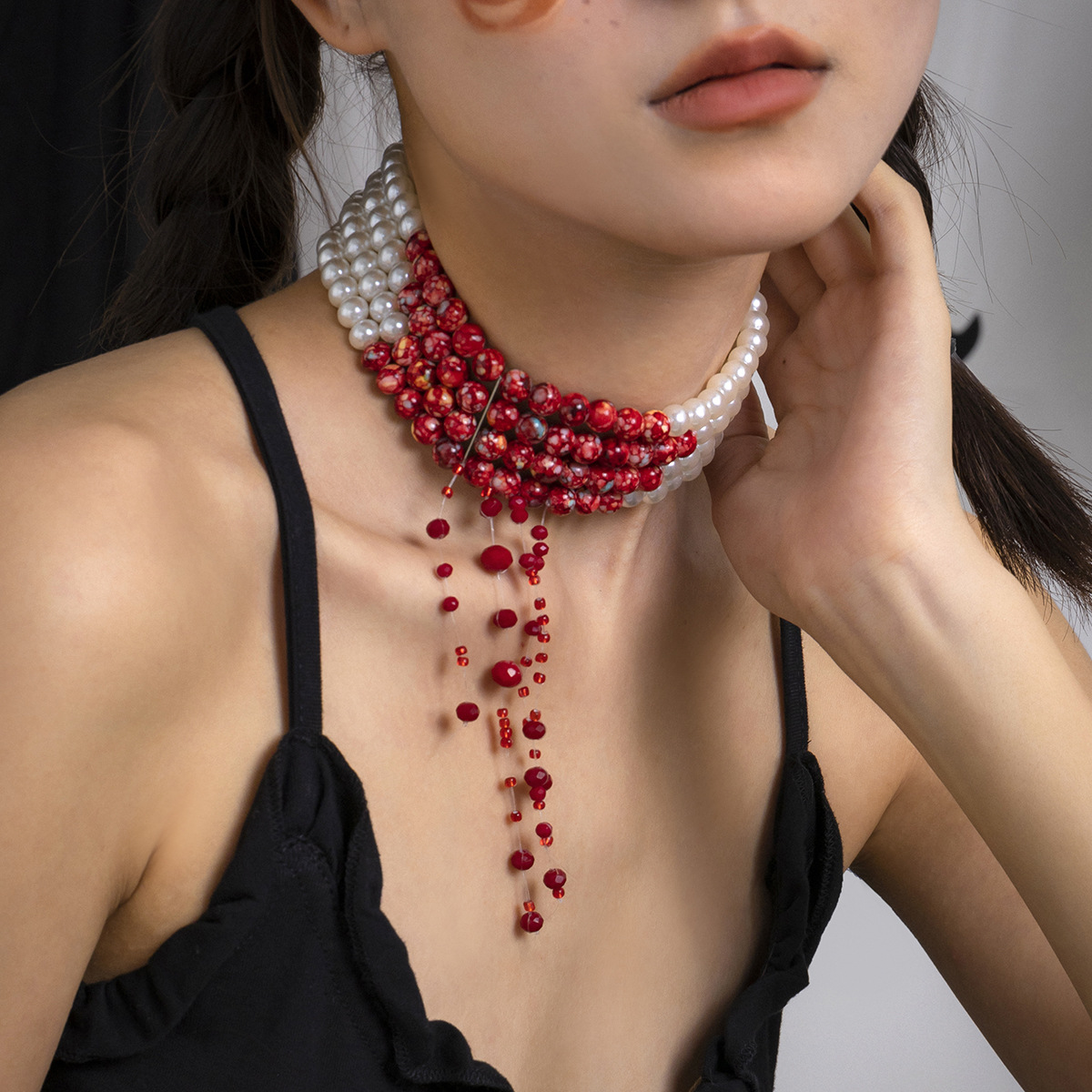 Multilayer Vintage Red Blood P - Pearl Choker Necklace Vintage recension och pris